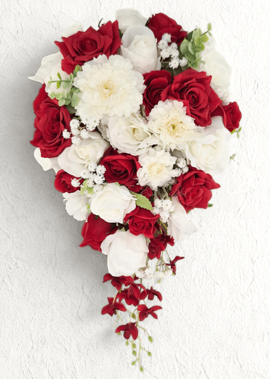 Artificial wedding cascading bridal bouquet with red and white faux roses, white dahlias, tiny white flowers and trailing red orchids. Made in Melbourne by Flowers For Ever After, shipping Australia and Worldwide.