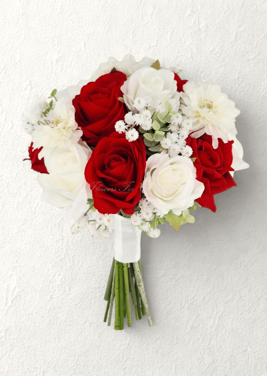 Artificial wedding rounded bouquet with red and white faux roses, white dahlias, tiny white flowers and white-wrapped stems. Made in Melbourne by Flowers For Ever After, shipping Australia and Worldwide.