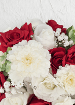 Artificial wedding bouquet close-up with red and white faux roses, white dahlias, tiny white flowers and clear jewel accents. Made in Melbourne by Flowers For Ever After, shipping Australia and Worldwide.
