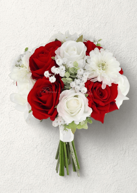 Artificial wedding bridesmaid bouquet with red and white faux roses, white dahlias and tiny white flowers. Made in Melbourne by Flowers For Ever After, shipping Australia and Worldwide.