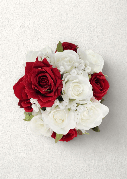 Artificial wedding small bouquet, overhead view of red and white faux roses and tiny white flowers. Made in Melbourne by Flowers For Ever After, shipping Australia and Worldwide.