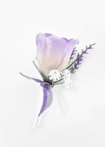 Artificial wedding boutonniere with a white-to-lilac faux rosebud, tiny white flowers, purple sprigs and purple ribbon. For formals, proms and ball occasions. Made in Melbourne by Flowers For Ever After, shipping Australia and Worldwide.
