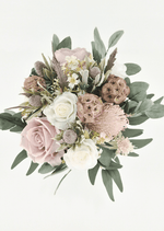 Artificial wedding bouquet, overhead view of blush and ivory faux roses, pink spiky blooms, tan lotus pods, grey seedpods and eucalyptus. Made in Melbourne by Flowers For Ever After, shipping Australia and Worldwide.