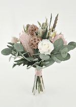 Artificial wedding bridesmaid bouquet with an ivory faux rose, pink spiky bloom, tan lotus pods, eucalyptus and blush-wrapped stems. Made in Melbourne by Flowers For Ever After, shipping Australia and Worldwide.