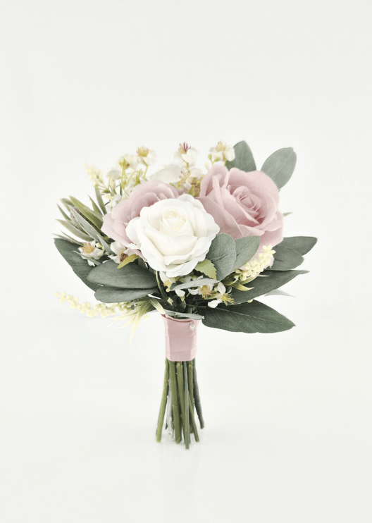 Artificial wedding small bouquet with blush and ivory faux roses, cream flower sprigs, eucalyptus and blush-wrapped stems. Made in Melbourne by Flowers For Ever After, shipping Australia and Worldwide.
