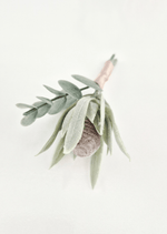 Artificial wedding boutonniere, overhead view of a grey faux seedpod, pale narrow leaves and rounded eucalyptus. For formals, proms and ball occasions. Made in Melbourne by Flowers For Ever After, shipping Australia and Worldwide.