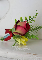 Artificial wedding boutonniere with a peach faux rose, a small pale rosebud, eucalyptus and delicate berry sprigs. For formals, proms and ball occasions. Made in Melbourne by Flowers For Ever After, shipping Australia and Worldwide.