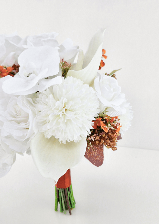 Artificial wedding bouquet close-up with white faux hydrangea, orchids, orange sprigs, brown berries and a rust-wrapped handle. Made in Melbourne by Flowers For Ever After, shipping Australia and Worldwide.