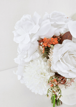 Artificial wedding bouquet close-up with white faux roses, orchids, orange flowers, brown berries and brown leaves. Made in Melbourne by Flowers For Ever After, shipping Australia and Worldwide.
