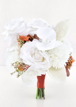 Artificial wedding bouquet with white faux roses, orchids, hydrangea, orange sprigs and brown berries, with a rust-wrapped handle. Made in Melbourne by Flowers For Ever After, shipping Australia and Worldwide.