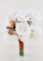 Artificial wedding bouquet with white faux roses, orchids, hydrangea, orange sprigs and brown leaves, finished with a rust-wrapped handle. Made in Melbourne by Flowers For Ever After, shipping Australia and Worldwide.