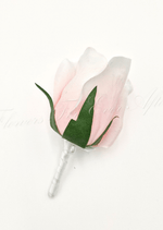 Artificial wedding boutonniere with a white faux rose, dark blue sprigs, eucalyptus and ivory-wrapped stems. For formals, proms and ball occasions. Made in Melbourne by Flowers For Ever After, shipping Australia and Worldwide.