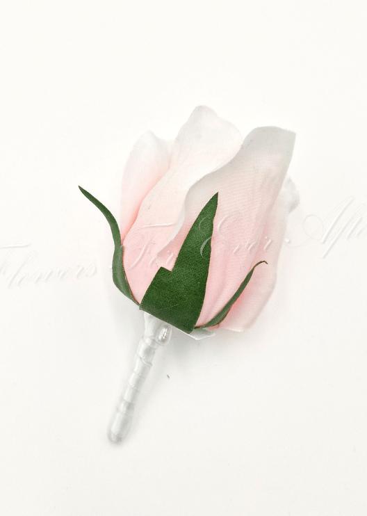 Artificial wedding boutonniere with a white faux rose, dark blue sprigs, eucalyptus and ivory-wrapped stems. For formals, proms and ball occasions. Made in Melbourne by Flowers For Ever After, shipping Australia and Worldwide.