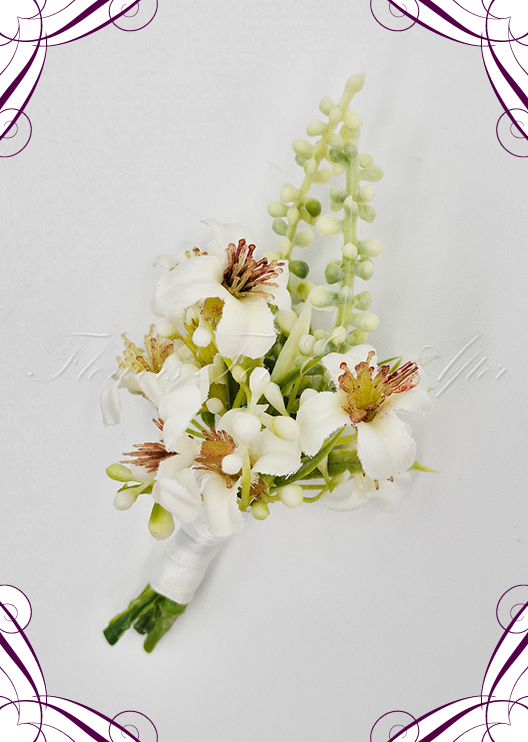 Artificial wedding boutonniere close-up with a white faux rose, small flowers and green foliage. For formals, proms and ball occasions. Made in Melbourne by Flowers For Ever After, shipping Australia and Worldwide.