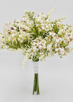 Artificial wedding bridesmaid bouquet with white faux roses, rounded white flowers, small blooms and greenery. Made in Melbourne by Flowers For Ever After, shipping Australia and Worldwide.