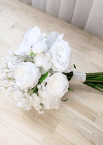 Artificial wedding bridesmaid bouquet close-up showing white faux orchid petals, roses and smaller flowers. Made in Melbourne by Flowers For Ever After, shipping Australia and Worldwide.