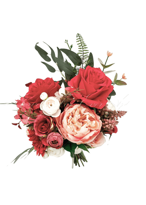 Artificial wedding bridesmaid bouquet with red faux roses, cream-and-coral peony, ivory blooms, fine pink sprigs and eucalyptus. Made in Melbourne by Flowers For Ever After, shipping Australia and Worldwide.