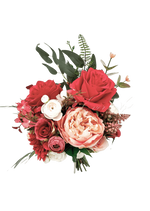 Artificial wedding bridesmaid bouquet with red faux roses, cream-and-coral peony, ivory blooms, fine pink sprigs and eucalyptus. Made in Melbourne by Flowers For Ever After, shipping Australia and Worldwide.