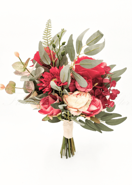 Artificial wedding bridesmaid bouquet, reverse view of red and coral faux roses, a cream-and-coral peony, red daisies and eucalyptus. Made in Melbourne by Flowers For Ever After, shipping Australia and Worldwide.