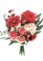 Artificial wedding hand-tied bouquet with red and coral faux roses, cream-and-coral peony, red daisies, ivory blooms and narrow green leaves. Made in Melbourne by Flowers For Ever After, shipping Australia and Worldwide.