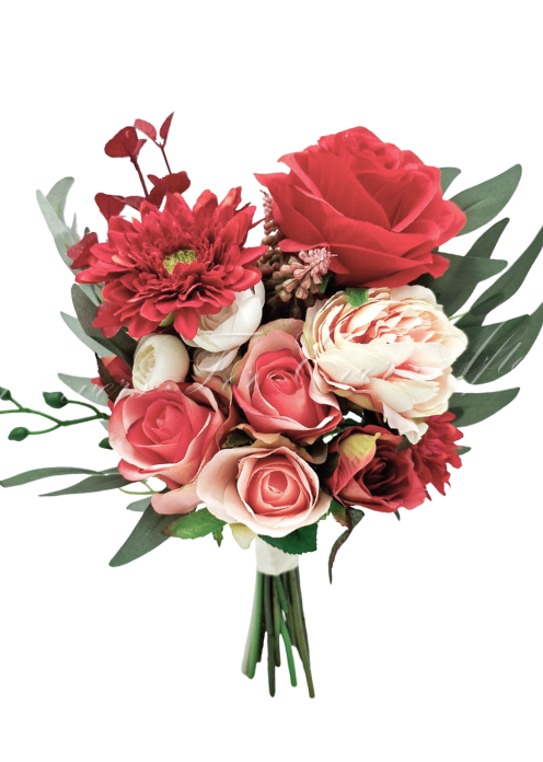 Artificial wedding hand-tied bouquet with red and coral faux roses, cream-and-coral peony, red daisies, ivory blooms and narrow green leaves. Made in Melbourne by Flowers For Ever After, shipping Australia and Worldwide.