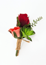 Artificial wedding boutonniere with burgundy and coral faux rosebuds, bright green leaves and twine-wrapped stems. For formals, proms and ball occasions. Made in Melbourne by Flowers For Ever After, shipping Australia and Worldwide.