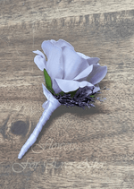Artificial wedding boutonniere with a mauve faux rose, dark sprigs and an ivory-wrapped stem. For formals, proms and ball occasions. Made in Melbourne by Flowers For Ever After, shipping Australia and Worldwide.