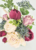 Artificial wedding bouquet close-up with burgundy, mauve and ivory faux rosebuds, blue-grey berries and green leaves. Made in Melbourne by Flowers For Ever After, shipping Australia and Worldwide.