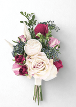 Artificial wedding small bouquet with burgundy, mauve and ivory faux roses, blue-grey berries, green foliage and pale plumes. Made in Melbourne by Flowers For Ever After, shipping Australia and Worldwide.
