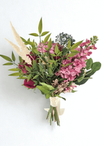 Artificial wedding bouquet, reverse view of pink faux flower spikes, burgundy blooms, blue-grey berries, green leaves and pale plumes. Made in Melbourne by Flowers For Ever After, shipping Australia and Worldwide.