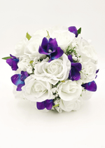 Artificial wedding bridesmaid bouquet with blush and white faux roses, white blooms, eucalyptus and ribbon-wrapped stems. Made in Melbourne by Flowers For Ever After, shipping Australia and Worldwide.