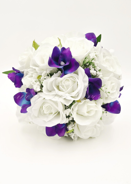 Artificial wedding bridesmaid bouquet with blush and white faux roses, white blooms, eucalyptus and ribbon-wrapped stems. Made in Melbourne by Flowers For Ever After, shipping Australia and Worldwide.