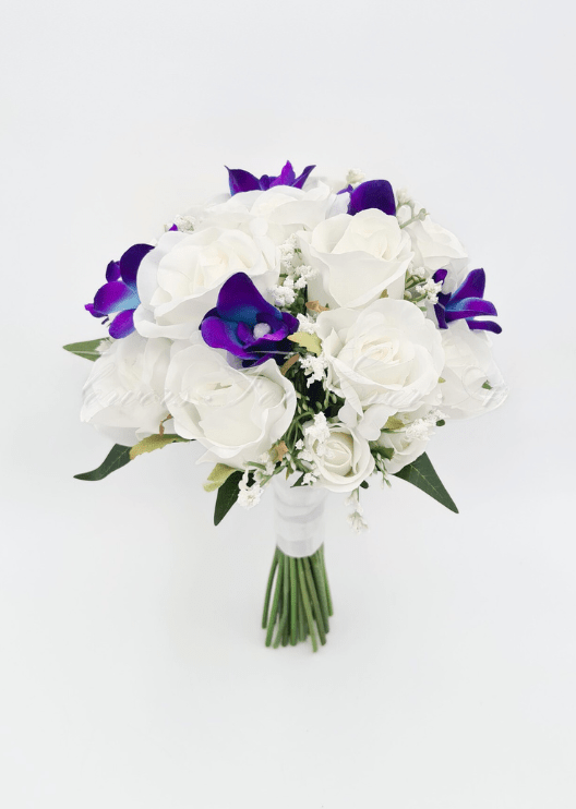 Artificial wedding bridesmaid posy, top view of blush and white faux roses, white flowers and rounded eucalyptus leaves. Made in Melbourne by Flowers For Ever After, shipping Australia and Worldwide.