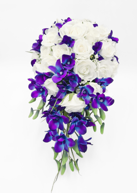 Artificial wedding cascading bridal bouquet held in both hands, with blush and white faux roses and trailing eucalyptus. Made in Melbourne by Flowers For Ever After, shipping Australia and Worldwide.