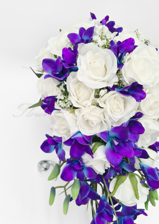 Artificial wedding bridal bouquet, angled view of blush and white faux roses, white flowers and cascading eucalyptus. Made in Melbourne by Flowers For Ever After, shipping Australia and Worldwide.