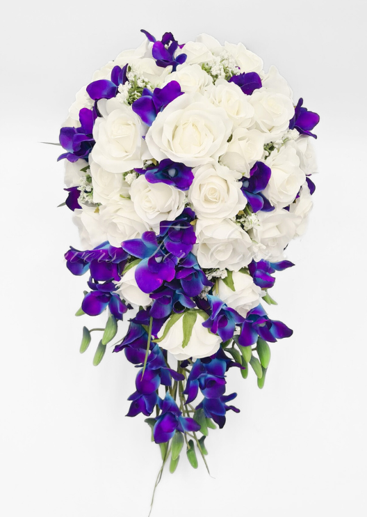 Artificial wedding cascading bridal bouquet with blush and white faux roses, white flowers, eucalyptus and trailing greenery. Made in Melbourne by Flowers For Ever After, shipping Australia and Worldwide.