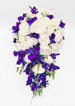 Artificial wedding cascading bridal bouquet with blush and white faux roses, white flowers, eucalyptus and trailing greenery. Made in Melbourne by Flowers For Ever After, shipping Australia and Worldwide.
