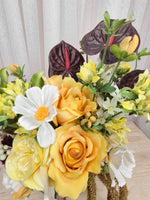 A bright and boldly unique silk flower bridal bouquet. Realistic yellow, whit and burgundy faux florals in an affordable design perfect for a small wedding or elopement or registry wedding.  Made in Melbourne Australia, by Australia's best bridal florist