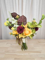 A bright and boldly unique silk flower bridal bouquet. Realistic yellow, whit and burgundy faux florals in an affordable design perfect for a small wedding or elopement or registry wedding.  Made in Melbourne Australia, by Australia's best bridal florist