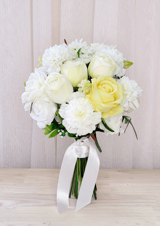 Artificial wedding bridesmaid bouquet close-up showing faux rose petals and small blooms. Made in Melbourne by Flowers For Ever After, shipping Australia and Worldwide.