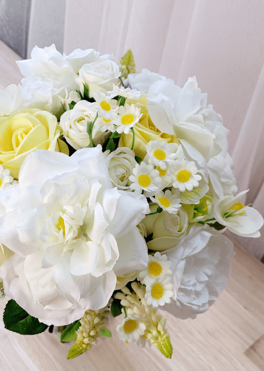 Artificial wedding bridal bouquet, front view of mixed faux roses and smaller flowers. Made in Melbourne by Flowers For Ever After, shipping Australia and Worldwide.