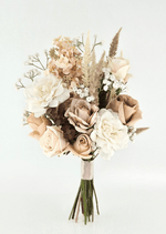 Artificial wedding bridesmaid bouquet with taupe and ivory faux roses, peach and brown hydrangea, pale plume-like sprigs and tiny white flowers. Made in Melbourne by Flowers For Ever After, shipping Australia and Worldwide.