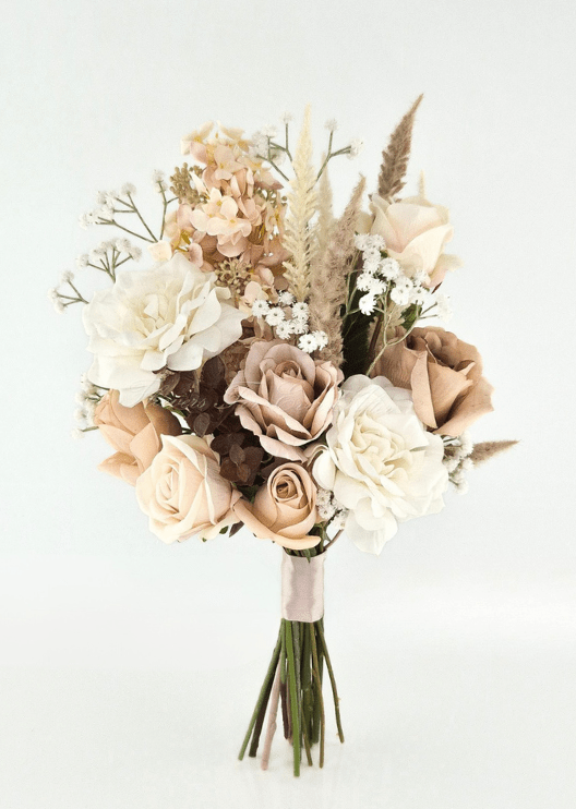 Artificial wedding bridesmaid bouquet with taupe and ivory faux roses, peach and brown hydrangea, pale plume-like sprigs and tiny white flowers. Made in Melbourne by Flowers For Ever After, shipping Australia and Worldwide.
