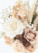 Artificial wedding bouquet close-up with ivory and taupe faux roses, peach hydrangea, pale plumes and tiny white flowers. Made in Melbourne by Flowers For Ever After, shipping Australia and Worldwide.