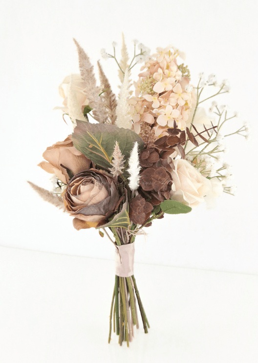 Artificial wedding bouquet, reverse view of taupe faux roses, peach and brown hydrangea, pale plumes and broad leaves. Made in Melbourne by Flowers For Ever After, shipping Australia and Worldwide.