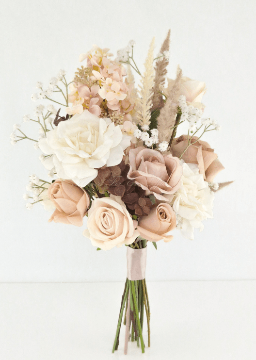 Artificial wedding bridesmaid bouquet, front view of taupe and ivory faux roses, peach hydrangea and pale plume-like sprigs. Made in Melbourne by Flowers For Ever After, shipping Australia and Worldwide.