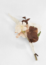 Artificial wedding boutonniere, reverse view of brown and peach faux hydrangea, dark eucalyptus and ivory-wrapped stems. For formals, proms and ball occasions. Made in Melbourne by Flowers For Ever After, shipping Australia and Worldwide.
