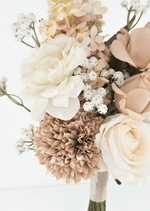 Artificial wedding bouquet close-up with an ivory faux rose, taupe chrysanthemum, peach hydrangea and tiny white flowers. Made in Melbourne by Flowers For Ever After, shipping Australia and Worldwide.