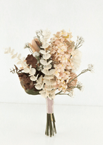 Artificial wedding small bouquet, reverse view of peach faux hydrangea, pale eucalyptus and tiny white flowers. Made in Melbourne by Flowers For Ever After, shipping Australia and Worldwide.
