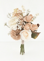 Artificial wedding small bouquet with tan and ivory faux roses, peach hydrangea, taupe chrysanthemum and tiny white flowers. Made in Melbourne by Flowers For Ever After, shipping Australia and Worldwide.